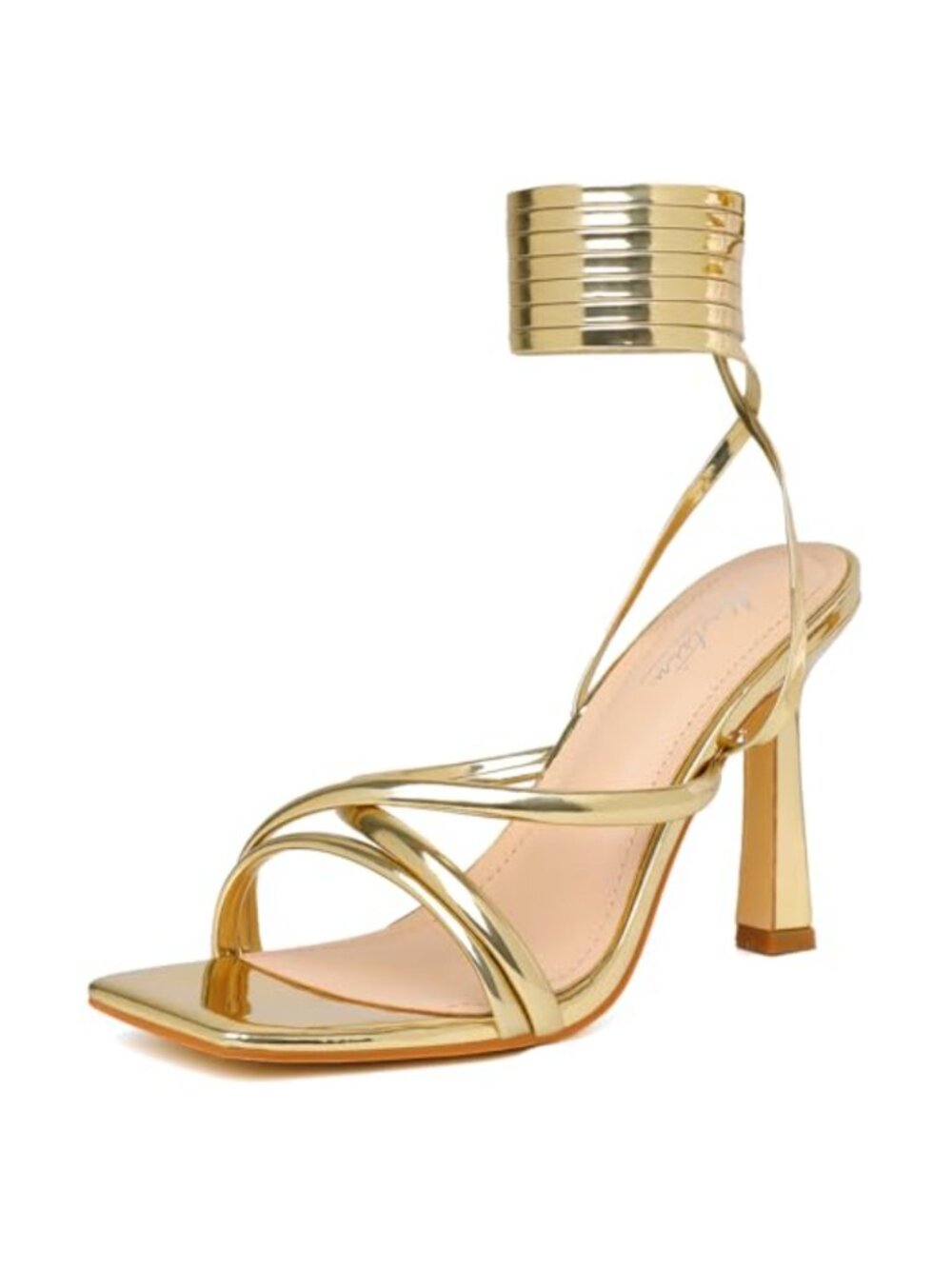 Faux Leather Lace Up Strappy Heeled Sandals Square Open Toe Stiletto